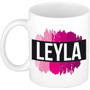Leyla  naam cadeau mok / beker met roze verfstrepen - Cadeau collega/ moederdag/ verjaardag of als persoonlijke mok werknemers