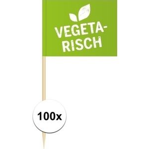 100x Cocktailprikkers Vegetarisch 8 cm vlaggetjes - Houten spiesjes met papieren vlaggetje - Wegwerp prikkertjes