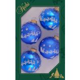8x stuks luxe glazen kerstballen 7 cm blauw met witte slee - Kerstversiering/kerstboomversiering