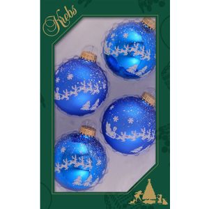 8x stuks luxe glazen kerstballen 7 cm blauw met witte slee - Kerstversiering/kerstboomversiering