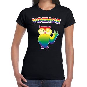 Yoehoe gay pride t-shirt zwart met regenboog tekst en knipogende uil voor dames -  Gay pride/LGBT kleding