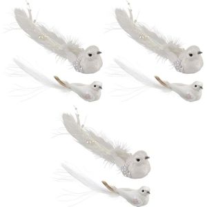 6x Witte vogeltjes met glitters en pailletten op clip - Kerstboomversiering/decoratie - Vogels op clip