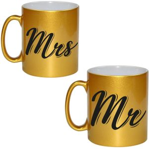 Gouden Mr and Mrs cadeau mok / beker - 330 ml - keramiek - bruiloft / huwelijk / jubileum â cadeaumokken voor bruidspaar / koppels
