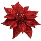 4x Kerstboomversiering bloemen op clip rode kerstster 18 cm - kerstfiguren - rode kerstversieringen