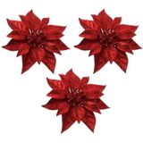 4x Kerstboomversiering bloemen op clip rode kerstster 18 cm - kerstfiguren - rode kerstversieringen