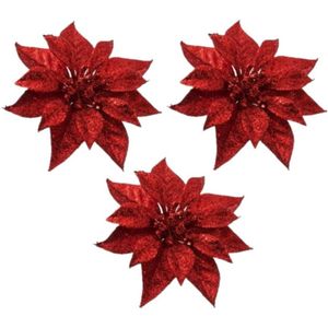 4x Kerstboomversiering bloemen op clip rode kerstster 18 cm - kerstfiguren - rode kerstversieringen