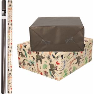 4x Rollen kraft inpakpapier jungle/oerwoud pakket - dieren/zwart 200 x 70 cm - cadeau/verzendpapier
