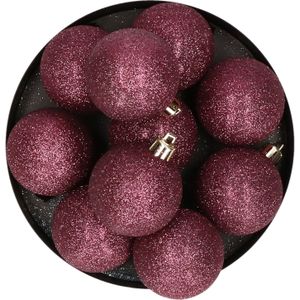 Kerstversiering set glitter kerstballen in het Aubergine roze 6 en 8 cm pakket - 30x stuks