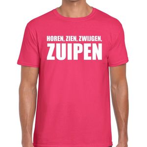 Horen zien zwijgen ZUIPEN tekst t-shirt roze voor heren - heren feest t-shirts