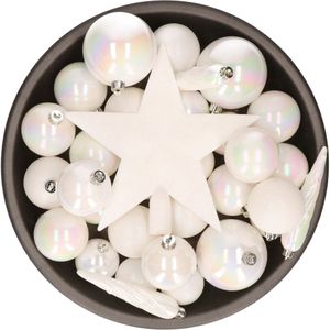 49x stuks kunststof kerstballen met ster piek parelmoer wit mix - Kerstversiering/kerstboomversiering