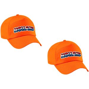 2x stuks oranje Holland fan pet / cap met Nederlandse vlag - kinderen - EK / WK / Koningsdag - supporter petje / kleding