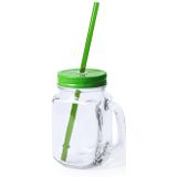 2x stuks Glazen Mason Jar drinkbekers groene dop en rietje 500 ml - afsluitbaar/niet lekken/fruit shakes