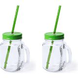 2x stuks Glazen Mason Jar drinkbekers groene dop en rietje 500 ml - afsluitbaar/niet lekken/fruit shakes