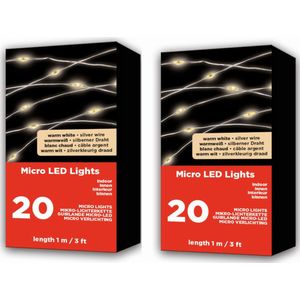 2x Micro kerstverlichting op batterij warm wit 20 lampjes - Kerstboomverlichting/Kerstverlichting