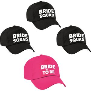 Vrijgezellenfeest dames petjes pakket - 1x Bride to Be roze + 5x Bride Squad zwart - Vrijgezellen vrouw artikelen/ accessoires