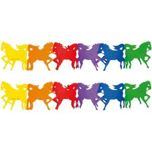 Set van 2x stuks regenboog verjaardagsslinger paarden 3 meter brandvertragend papier