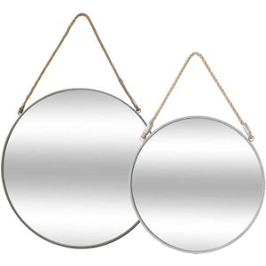Set van 2x spiegels/wandspiegels rond metaal grijs met touw - Woondecoratie/accessoires