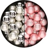 Mini kerstballen - 48x st - zilver en lichtroze - 2,5 cm - glas - kerstversiering