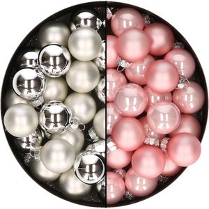 Mini kerstballen - 48x st - zilver en lichtroze - 2,5 cm - glas - kerstversiering