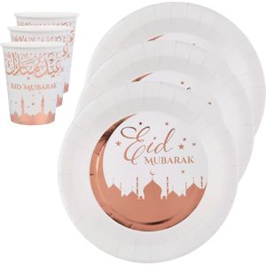 Santex Ramadan thema suikerfeest set - 20x bordjes en bekertjes - wit/rose goud - Eid Mubarak