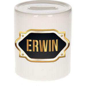 Erwin naam cadeau spaarpot met gouden embleem - kado verjaardag/ vaderdag/ pensioen/ geslaagd/ bedankt