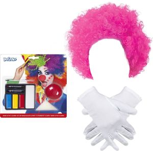 Clown verkleed set volwassenen - roze pruik/schmink/neus/handschoenen