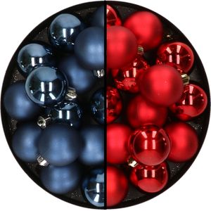 32x stuks kunststof kerstballen mix van donkerblauw en rood 4 cm - Kerstversiering