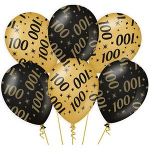 6x stuks Leeftijd verjaardag feest ballonnen 100 jaar geworden zwart/goud 30 cm - Feestartikelen/versiering