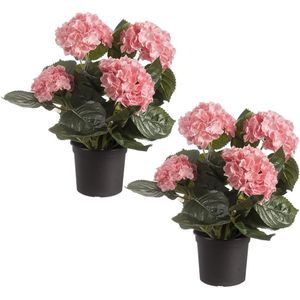 Set van 2x stuks roze hortensia kunstplanten in zwarte kunststof pot 44 cm - Hydrangea - Woondecoratie