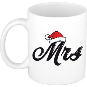 4x stuks witte Mrs met kerstmuts cadeau mok / beker - 300 ml - keramiek - koffiemokken / theebekers - Kerstmis - kerstcadeau