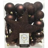 Kerstversiering kunststof kerstballen en hangers donkerbruin 5-6-8 cm pakket van 39x stuks - Met ster vorm piek van 19 cm