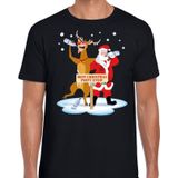 Grote maten foute Kerst t-shirt dronken kerstman en rendier Rudolf na kerstborrel/ feest zwart voor heren