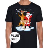 Grote maten foute Kerst t-shirt dronken kerstman en rendier Rudolf na kerstborrel/ feest zwart voor heren