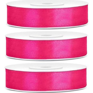 3x Hobby/decoratie donker roze satijnen sierlinten 1,2 cm/12 mm x 25 meter - Cadeaulinten satijnlinten/ribbons - Donker roze linten - Hobbymateriaal benodigdheden - Verpakkingsmaterialen