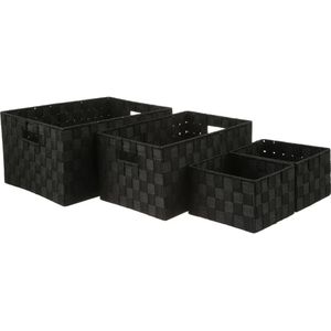 Set van 4x gevlochten opbergmanden polyester zwart - Kast / badkamer mandjes verschillende formaten