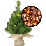Mini kerstboom/kunstboom met verlichting 45 cm en inclusief kerstballen koper - Kerstversiering