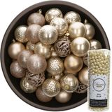 Decoris Kerstballen - 37x stuks - 6 cm - incl. kralenslinger - champagne - kunststof