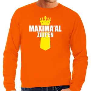 Koningsdag sweater Queen Maximaal zuipen met kroontje oranje - heren - Kingsday outfit / kleding / shirt