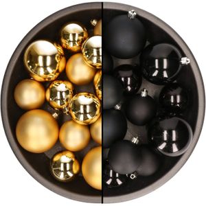 Kerstversiering kunststof kerstballen kleuren mix zwart/goud 4-6-8 cm pakket van 68x stuks