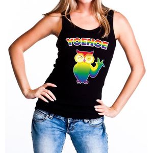 Yoehoe gay pride tanktop/mouwloos shirt zwart met regenboog tekst en knipogende uil voor dames - Gay pride/LGBT kleding