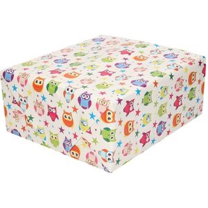 Set van 5x stuks inpakpapier/cadeaupapier wit met gekleurde uiltjes en gekleurde sterretjes 200 x70 cm - kadopapier/cadeaupapier/papier