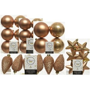 Kerstversiering kunststof kerstballen/hangers camel bruin 6-8-10 cm pakket van 68x stuks - Kerstboomversiering