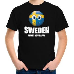 Sweden makes you happy landen t-shirt Zweden met emoticon - zwart - kinderen - Zweden landen shirt met Zweedse vlag - EK / WK / Olympische spelen outfit / kleding