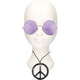 Hippie Flower Power verkleed set peace-teken ketting met ronde paarse XL glazen zonnebril