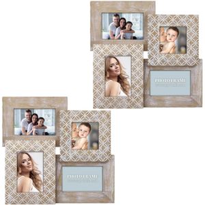 2x stuks multi fotolijst met houten frame naturel/wit vintage met 4 lijstjes geschikt voor diverse maten foto