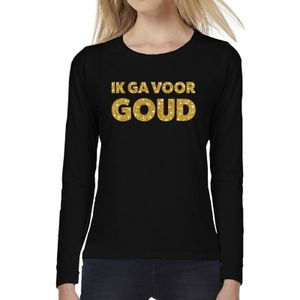 Ik ga voor GOUD glitter tekst t-shirt long sleeve zwart voor dames- zwart  ik ga voor goud shirt met lange mouwen voor dames