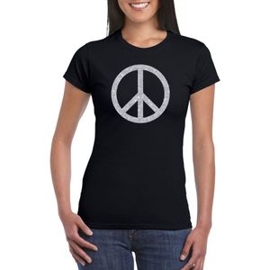 Toppers Zwart Flower Power t-shirt zilveren glitter peace teken dames - Sixties/jaren 60 kleding