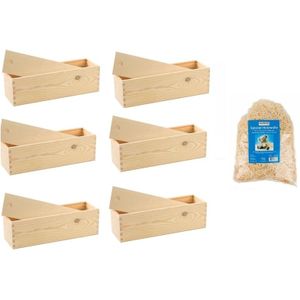 6x Houten wijnkist/verpakking met schuifdeksel 33,5 x 9 x 9,5 cm en 150 gram vulmateriaal / houtwol - Wijnkistje/wijndoosje - Relatiegeschenk/geschenkverpakkingen