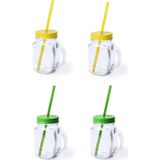 4x stuks Glazen Mason Jar drinkbekers met dop en rietje 500 ml - 2x geel/2x groen - afsluitbaar/niet lekken/fruit shakes