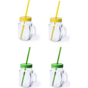 4x stuks Glazen Mason Jar drinkbekers met dop en rietje 500 ml - 2x geel/2x groen - afsluitbaar/niet lekken/fruit shakes